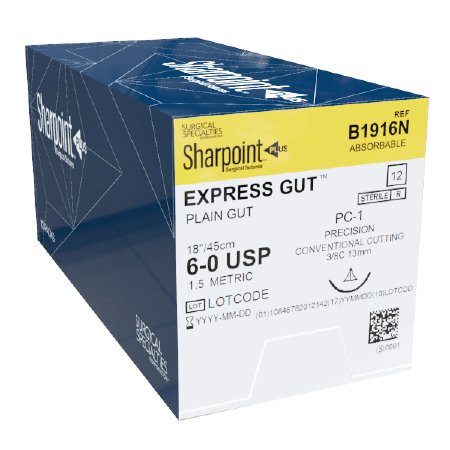 Surgical Specialties Suture With Needle  Absorbable Uncoated Undyed Suture Plain Gut Size 6 - 0 18 Inch Suture 1-Needle 13 Mm Length 3/8 Circle Precision Conventional Cutting Needle - B1916N