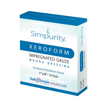Simpurity - Xeroform Petrolatum Impregnated Dressing 1 X 8 Inch Mesh Gauze Antimicrobial Petrolatum Blend Sterile - SNS58818