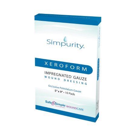 Simpurity - Xeroform Petrolatum Impregnated Dressing 5 X 9 Inch Mesh Gauze Antimicrobial Petrolatum Blend Sterile - SNS58859