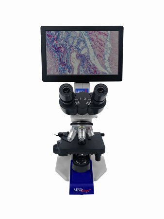 Med-Scope MedDI1 - Basic Compound Microscope Digital Head Finite Semi-Plan 4X / 10X / 40X / 100X External DC Auto Switching Power Supply / 110 to 240V Coaxial X / Y Mechanical Stage with Adjustable Tension - MEDDI1-B1