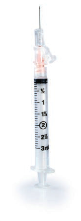 McKesson Prevent SG - Syringe with Hypodermic Needle 3 mL 25 Gauge 5/8 Inch Regular Wall Sliding Safety Needle - 306612