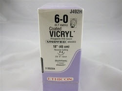 Coated Vicryl - Suture with Needle Absorbable Coated Undyed Suture Braided Polyglactin 910 Size 6 - 0 18 Inch Suture 1-Needle 13 mm Length 3/8 Circle Reverse Cutting Needle - J492H