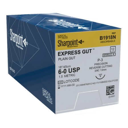 Surgical Specialties - Suture with Needle Absorbable Uncoated Undyed Suture Plain Gut Size 6 - 0 18 Inch Suture 1-Needle 13 mm Length 3/8 Circle Precision Reverse Cutting Needle - B1918N