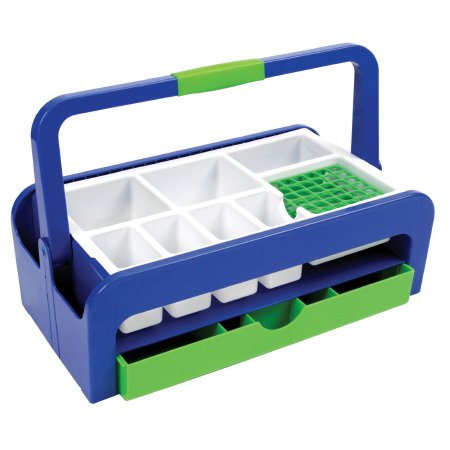 Droplet - Phlebotomy Tray 2 Inserts, 36 Place, 13 mm Test Tube Rack, Blue / Green, 172 X 265 X 429 mm - Heathrow Scientific - HS2200A