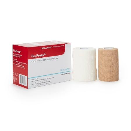 FlexPress2 - 2 Layer Compression Bandage System 4 Inch X 7-1/10 Yard / 4 Inch X 8-9/10 Yard Standard Compression Self-adherent Closure Tan / White NonSterile - Dermarite Industries - 79202