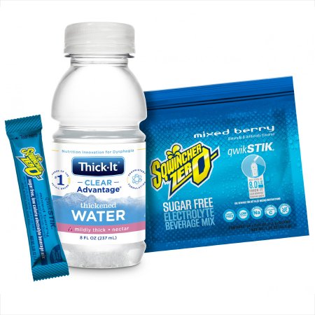 Clear Advantage Thickened Water + Sqwincher Qwik Stik ZERO Combo Pack - Thickened Water / Electrolyte Beverage Mix 8 oz. / 1.5 Gram Bottle / Individual Packet Mixed Berry Flavor Ready to Use / Powder Nectar Consistency - Kent Precision Foods - B501-SQ044