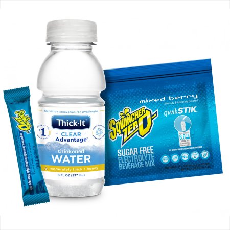 Clear Advantage Thickened Water + Sqwincher Qwik Stik ZERO Combo Pack - Thickened Water / Electrolyte Beverage Mix 8 oz. / 1.5 Gram Bottle / Individual Packet Mixed Berry Flavor Ready to Use / Powder Honey Consistency - B503-SQ044