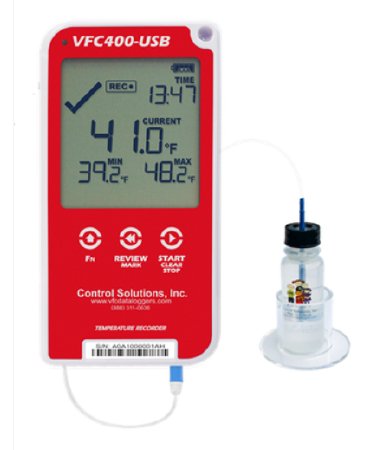 LogTag VFC400-USB - Refrigerator / Freezer Vaccine Data Logger with Alarm Fahrenheit / Celsius -40° to 210°F (-40° to 99°C) Glycol Bottle Probe Wall Mount AC Adaptor / USB / Battery Backup - Control Solutions - VFC400-USB