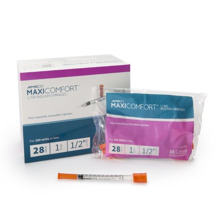 AIMSCO - Insulin Syringe with Needle 1 mL 28 Gauge 1/2 Inch Ultra Thin Wall NonSafety - 503