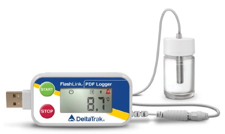 Flashlink PDF Logger - Vaccine Temperature Data Logger with Alarm Fahrenheit -58° to +104°F (-50° to +40°C) Glycol Bottle Probe Magnet Battery Operated - Deltatrak - 40527-06