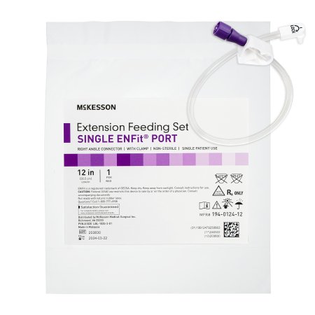 McKesson - Bolus Enteral Feeding Extension Tube Set 12 Inch, EnFit, Secure Lock Right Angle Connector and Clamp, NonSterile - 194-0124-12
