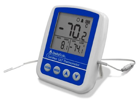 FlashCheck - Ultra-Low Temperature Vaccine Thermometer with Alarm Fahrenheit / Celsius -115.6° to +113°F (-82° to +45°C) External Thermistor Sensor Flip-out Stand / Magnet Battery Operated - Deltatrak - 12239