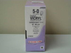 Coated Vicryl - Suture with Needle Absorbable Coated Undyed Suture Braided Polyglactin 910 Size 5 - 0 18 Inch Suture 1-Needle 19 mm Length 3/8 Circle Precision Point - Reverse Cutting Needle - J495H