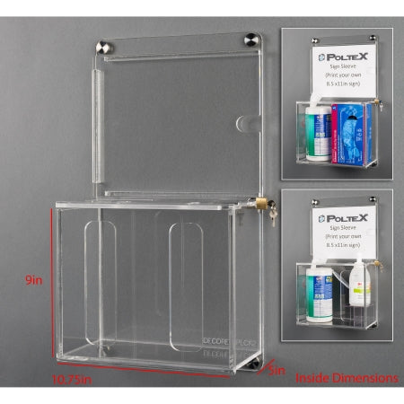 Poltex DECO - Lockable Sanitizing Station with Sign Sleeve Clear Acrylic Manual 2 Compartment Wall Mount - DECORESPLCK2-W