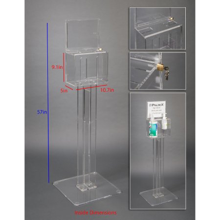 Poltex DECO - Lockable Sanitizing Station with Sign Sleeve Clear Acrylic Manual 2 Compartment Floor Stand - DECORHSKIOSK2-S