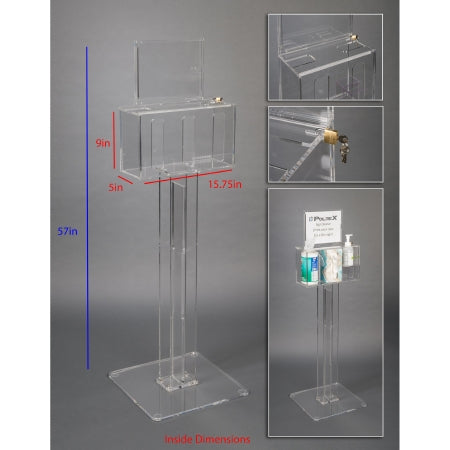 Poltex DECO - Lockable Sanitizing Station with Sign Sleeve Clear Acrylic Manual 3 Compartment Floor Stand - Poltex - DECORHSKIOSK3-S