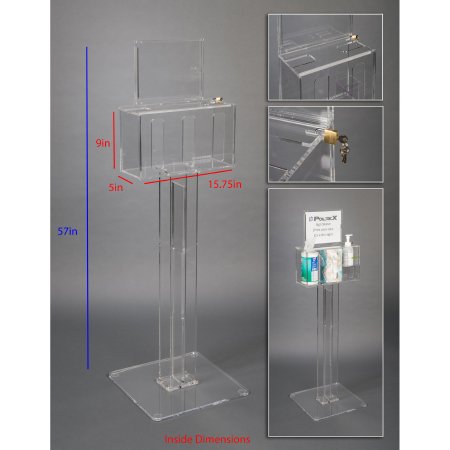 Poltex DECO - Lockable Sanitizing Station with Sign Sleeve Clear Acrylic Manual 3 Compartment Floor Stand - DECORHSKIOSK3-S