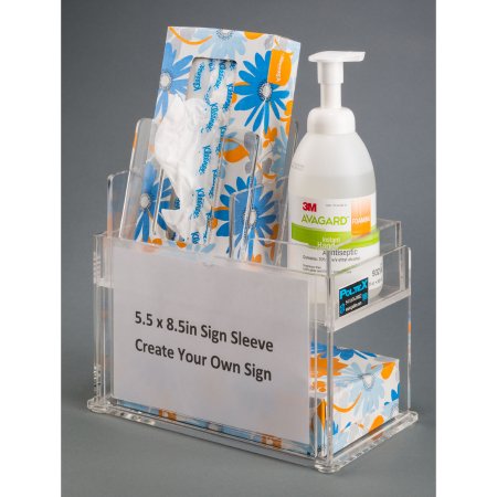 Poltex - Tissue / Hand Sanitizer Holder with Sign Sleeve Clear Acrylic Three Compartment - TISHANSIG-CT
