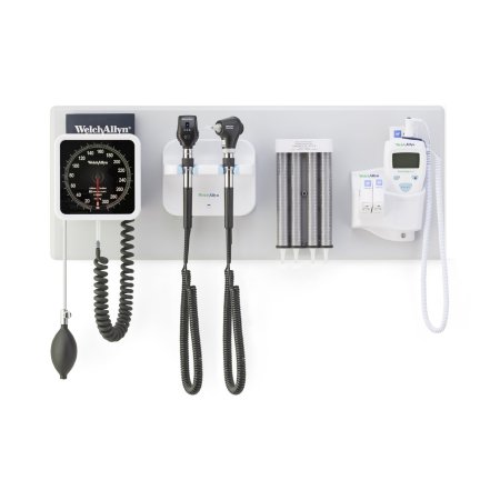 Green Series 777 - Wall Transformer Welch Allyn Integrated Wall System with Coaxial LED Ophthalmoscope, MacroView Basic LED Otoscope, BP Aneroid, Ear Specula Dispenser, and SureTemp Plus Thermometer - Welch Allyn - 777-SM2WAS