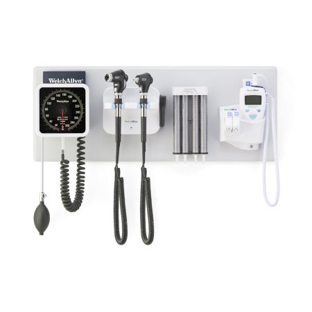 Green Series 777 - Wall Transformer Welch Allyn Integrated Wall System with PanOptic Plus LED Ophthalmoscope, MacroView Plus LED Otoscope for iExaminer, BP Aneroid, Ear Specula Dispenser, and SureTemp Plus Thermometer - 777-PM3WAS-US