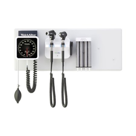 Green Series 777 - Wall Transformer Welch Allyn Integrated Wall System with PanOptic Plus LED Ophthalmoscope, MacroView Plus LED Otoscope for iExaminer, BP Aneroid, and Ear Specula Dispenser - Welch Allyn - 777-PM3WAX-US