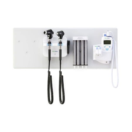 Green Series 777 - Wall Transformer Welch Allyn Integrated Wall System with PanOptic Plus LED Ophthalmoscope, MacroView Plus LED Otoscope for iExaminer, Ear Specula Dispenser, and SureTemp Plus Thermometer - Welch Allyn - 777-PM3WXS-US