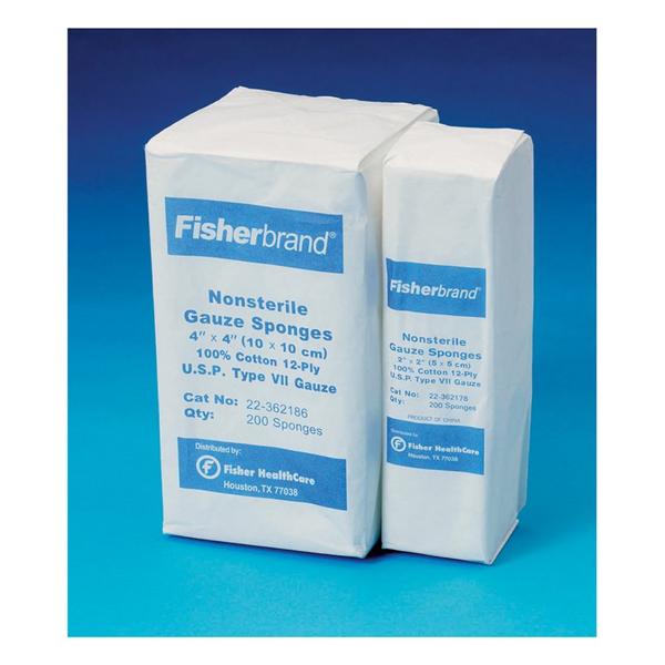 Fisher Scientific Co. Sponge Gauze Caring Cotton 2X2" 12 Ply X-Ray Detectable Lwlnt Ns Lf 200/Packag - 22362178