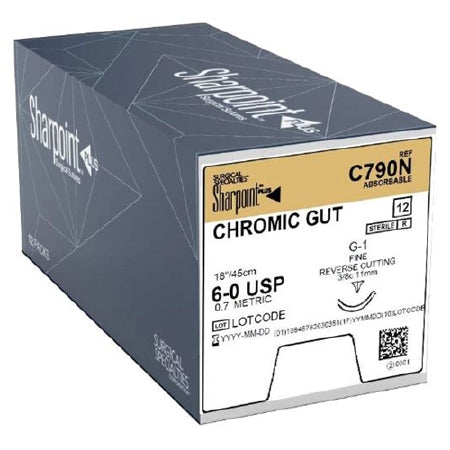 Sharpoint Plus - Suture with Needle Absorbable Uncoated Undyed Suture Chromic Gut Size 6 - 0 18 Inch Suture 1-Needle 11 mm Length 3/8 Circle Precision Reverse Cutting Needle - C790N