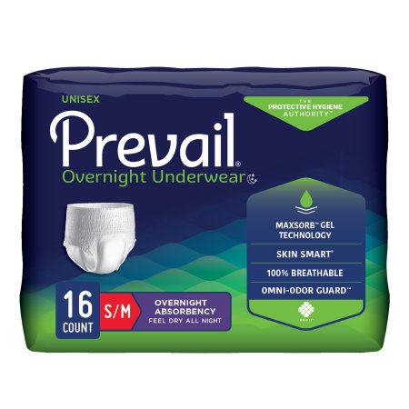 Prevail Overnight - Unisex Adult Absorbent Underwear Pull On with Tear Away Seams Small / Medium Disposable Heavy Absorbency - First Quality - PVX-512