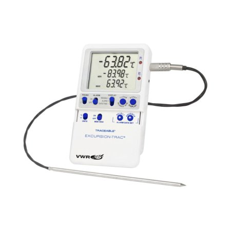 VWR Traceable Excursion-Trac - Ultra-Low Temperature Vaccine Data Logger with Alarm Fahrenheit / Celsius -130° to +221°F (-90° to +105°C) External Sensor Multiple Mounting Options Battery Operated - Vwr International - 75784-088