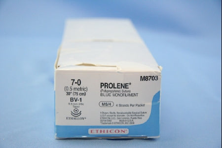 Prolene - Suture with Needle Nonabsorbable Uncoated Blue Suture Monofilament Polypropylene Suture Size 7 - 0 30 Inch Suture Double-Armed 9.3 mm Length 3/8 Circle Taper Point Needle - M8703