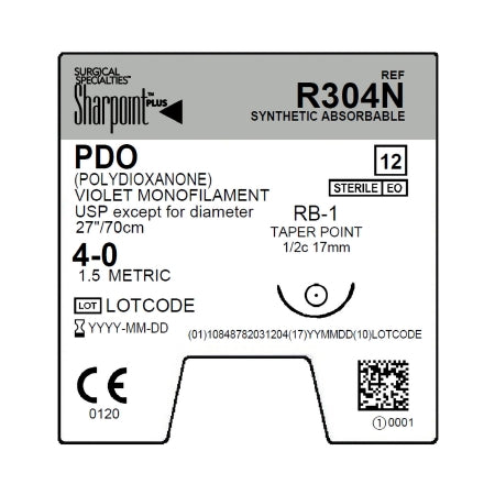 Sharpoint - Suture with Needle Absorbable Uncoated Violet Suture Monofilament Polydioxanone Size 4 - 0 27 Inch Suture 1-Needle 17 mm Length 1/2 Circle Taper Point Needle - R304N