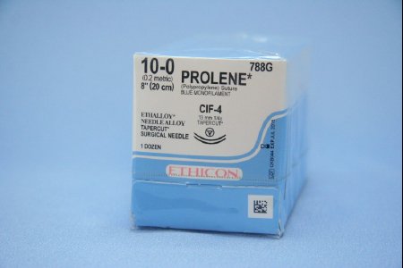 Prolene - Suture with Needle Nonabsorbable Uncoated Blue Suture Monofilament Polypropylene Suture Size 10 - 0 8 Inch Suture Double-Armed 13 mm Length 1/4 Circle Taper Cut Needle - 788G