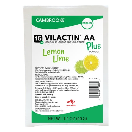 Vilactin AA Plus Powder 15 - MSUD Oral Supplement Lemon Lime Flavor 1.4 oz. Individual Packet Powder - Cambrooke Therapeutics - 37014