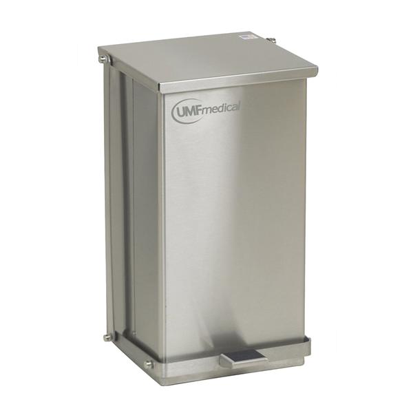 UMF Medical Can Trash Flame-Retardant Ss 8Gal Stpon Pdl Flt Hng Ld Bg Securing Slvr Sqr Each - SS1474