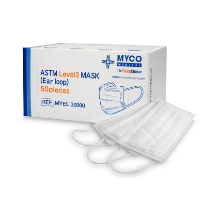 Myco Medical Supplies - Procedure Mask Pleated Earloops One Size Fits Most White NonSterile ASTM Level 3 Adult - MYEL30000