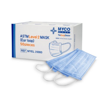 Myco Medical Supplies - Procedure Mask Pleated Earloops One Size Fits Most Blue NonSterile ASTM Level 2 - MYEL20000