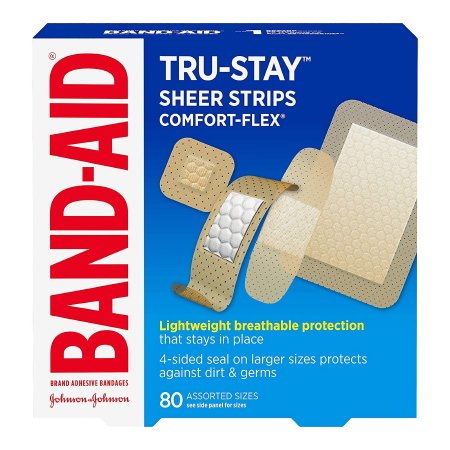 Band-Aid - Adhesive Strip (2) 2-1/4 X 3 Inch / (30) 3/4 X 3 Inch / (34) 5/8 X 2-1/4 Inch / (14)7/8 X 7/8 Inch Plastic Assorted Shapes Tan Sterile - Johnson & Johnson Consumer - 00381371171347