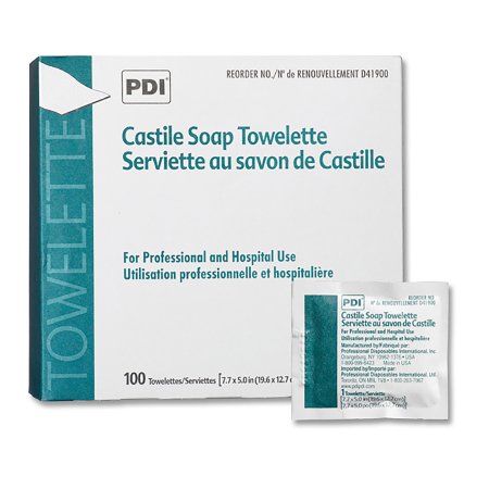PDI Castile Soap - Personal Wipe Individual Packet Water / Coconut Acid / Potassium Hydroxide Scented 100 Count - D41900
