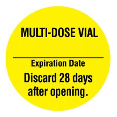 UAL - Pre-Printed Label Auxiliary Label Yellow Paper Multi-Dose Vial Expiation Date Discard 28 Days after opening Black Syringe Label 1 Inch Diameter - ULPH229