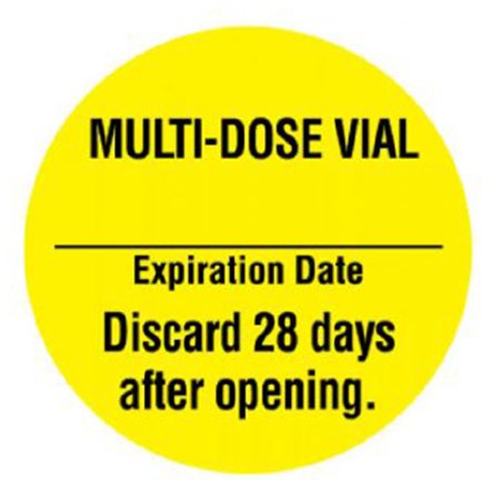 UAL - Pre-Printed Label Auxiliary Label Yellow Paper Multi-Dose Vial Expiation Date Discard 28 Days after opening Black Syringe Label 1 Inch Diameter - United Ad Label - ULPH229