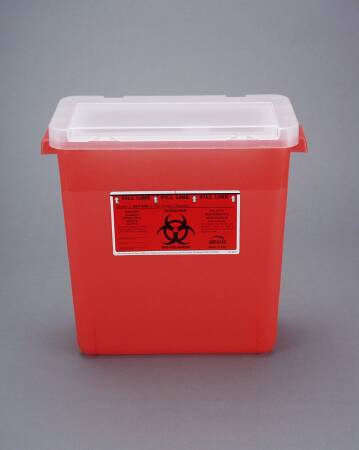 Bemis Healthcare Bemis Sentinel Phlebotomy Sharps Container Nestable 13-1/2 H X 13-7/8 L X 6-7/8 W 3 Gallon Translucent Red Base / White Lid Vertical Entry Lid - 303030