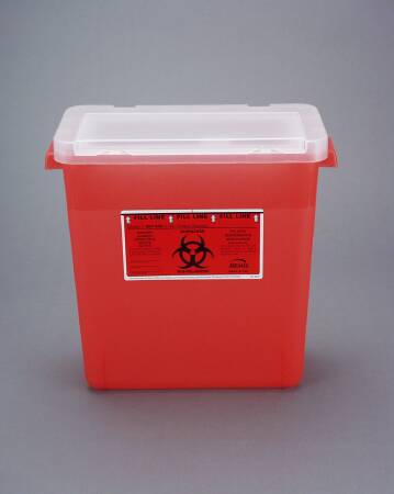 Bemis Sentinel - Sharps Container 13-1/2 H X 13-7/8 L X 6-7/8 W 3 Gallon Translucent Red Base / White Lid Horizontal Entry Flap Lid - 303 030