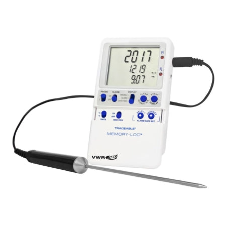 VWR Traceable Memory-Loc - Refrigerator / Freezer Temperature Data Logger with Alarm Fahrenheit / Celsius -58° to +158°F (-50° to +70°C) Stainless Steel Probe Multiple Mounting Options Battery Operated - Vwr International - 10048-658