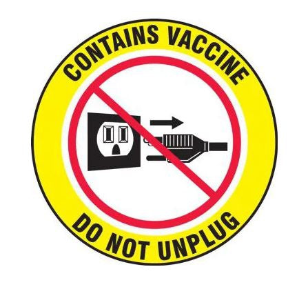 Accuform - Pre-Printed Label Advisory Label Red / White / Yellow Vinyl Contains Vaccine Do Not Unplug Black Safety 4 Inch Diameter - Accuform Signs - LBDX505VSP