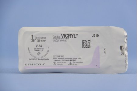 J & J Healthcare Systems Coated Vicryl Suture with Needle Absorbable Coated Violet Suture Braided Polyglactin 910 Size 1 36 Inch Suture 1-Needle 36.4 mm Length 1/2 Circle Taper Point Cutting Needle - J519H