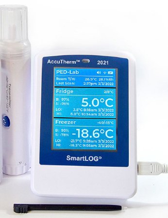 AccuTherm SmartLOG - Vaccine Temperature Data Logger with Alarm Fahrenheit / Celsius -40° to +125°C (-40° to +257°F) Glycol Bottle Probe Flip-out Stand / Wall Mount AC Adaptor / Battery Backup - Thermco Products - ACCSL2021