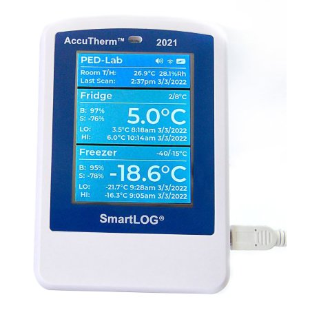 AccuTherm SmartLOG - Vaccine Temperature Data Logger with Alarm Fahrenheit / Celsius -40° to +125°C (-40° to +257°F) Glycol Bottle Probe Flip-out Stand / Wall Mount AC Adaptor / Battery Backup - ACCSL2021