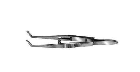 storz - Muscle Forceps Storz Jameson 3-7/8 Inch Length Surgical Grade Stainless Steel NonSterile Slide Lock Thumb Handle Angled Left Serrated Tips with 1 mm Teeth one Side for 1 mm Holes Opposite Jaw - E2330