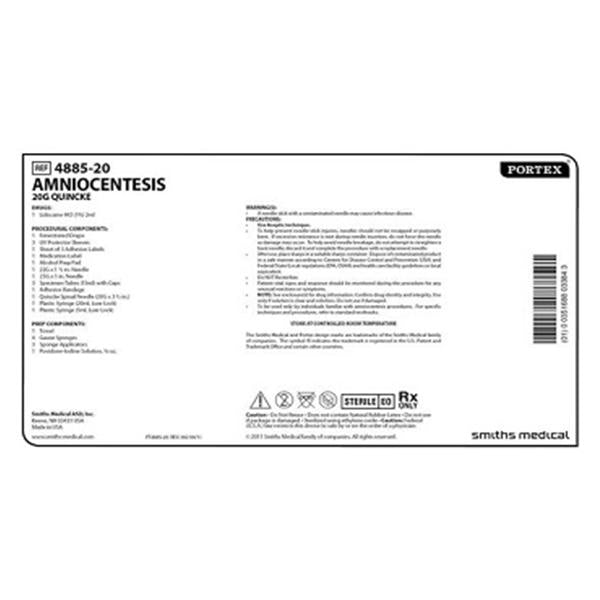 Smiths Medical ASD Tray Amniocentesis Portex W/ Lido/Gz/Quicle Spnl Ndl 20Gx3.5 Lf Strl 10/Ca - 4885-20